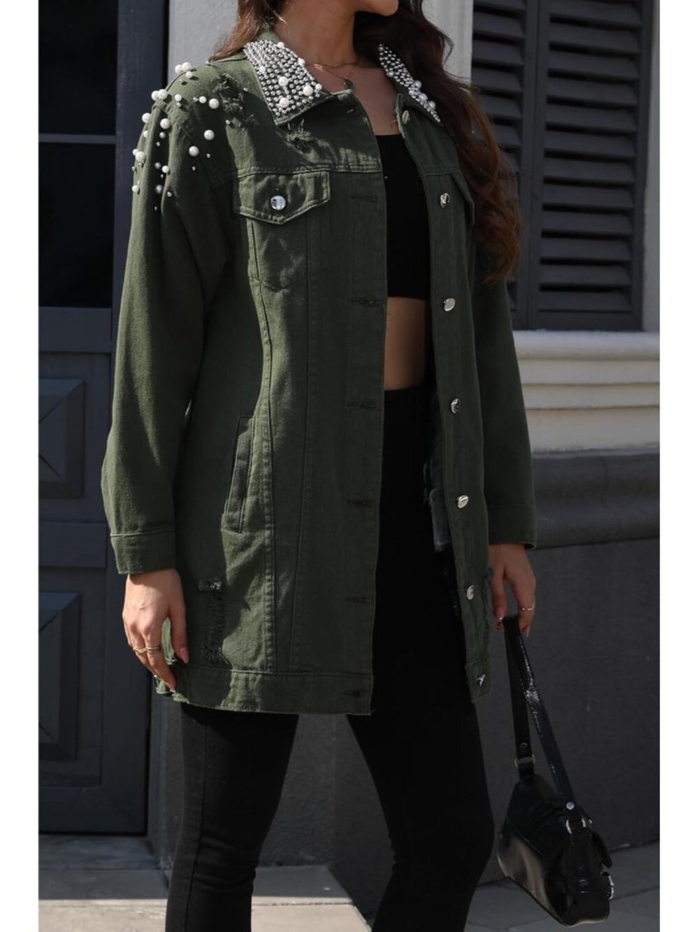 Women’s Green Long Sleeve Denim Jacket Pearl Button Down Imported Boyfriend Coat - Picture 6 of 6